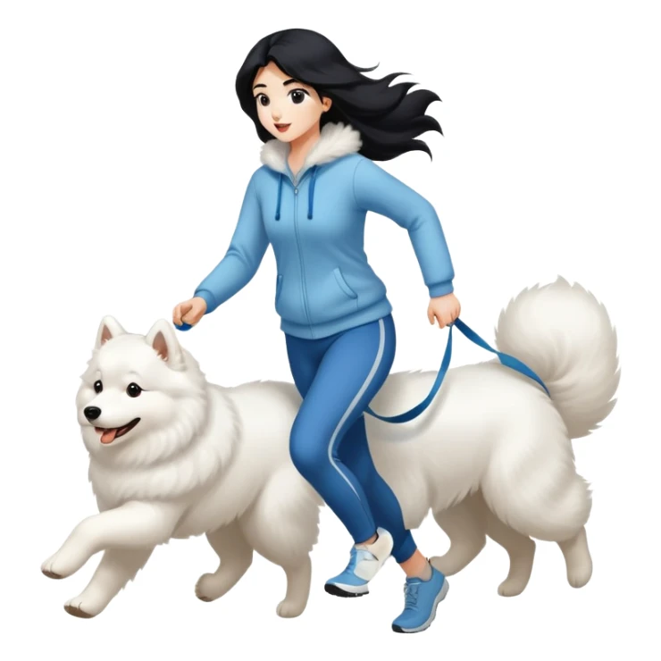 A beautiful girl with long black hair is running and walking a Samoyed sticker