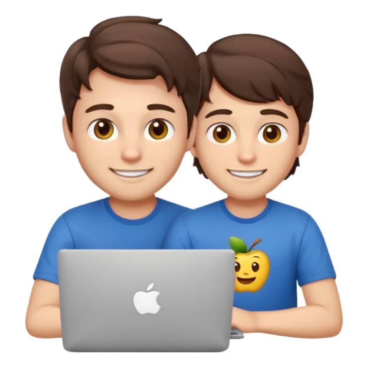 cute, professional emoji character of a young male developer with wavy dark brown hair, smiling warmly, hazel eyes, right dimple, playful wink, tech t-shirt, sitting at a MacBook with Apple logo, soft white background sticker