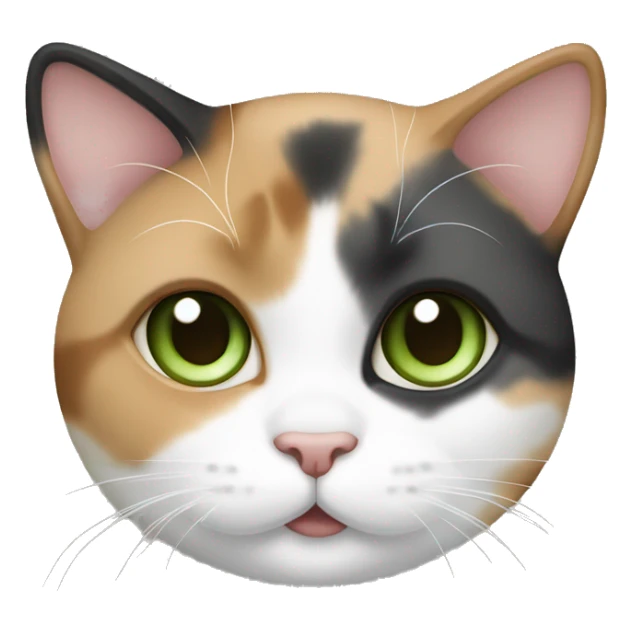 a chubby calico cat with tan, grey, and white markings and green eyes sticker