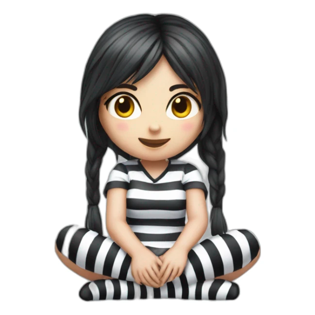 Hyperrealistic Frontal view curvy emo girl sits white skirt striped stockings hands up sticker