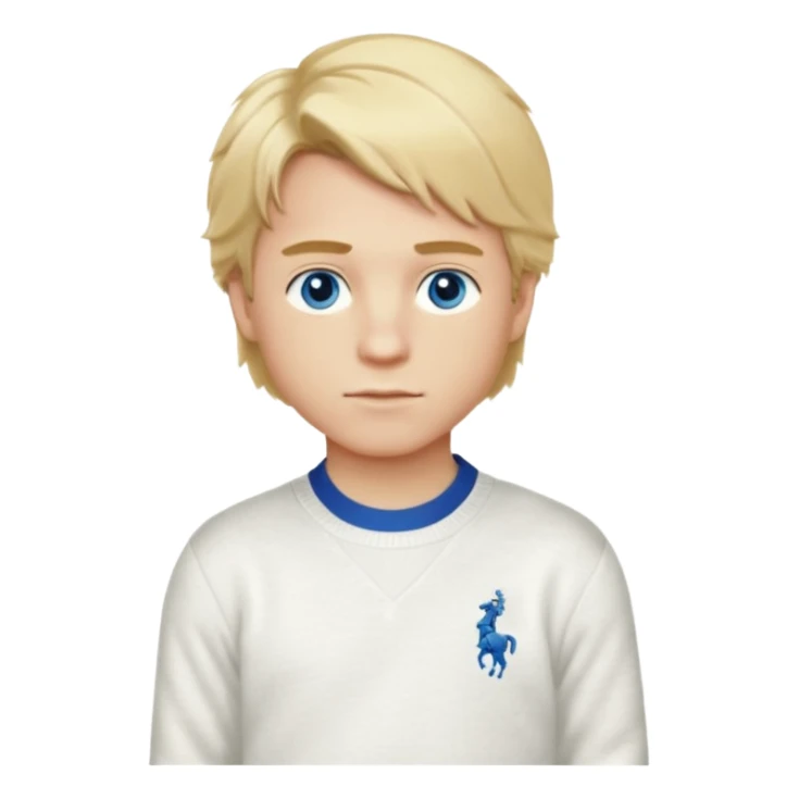 Create a look for a blond boy with long, tousled hair, light eyes, a white sweater, a wealthy appearance, blue eyes, a
nd accessories like a Rolex or Cartier watch, and a cute face with messy hair down. blue eyes + polo ralph lauren and the hair to the side sticker