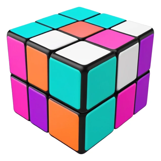 A 3x3 Rubik's Cube in mid-turn, showing movement, with vibrant 90s American colors like neon green, purple, turquoise and hot pink sticker