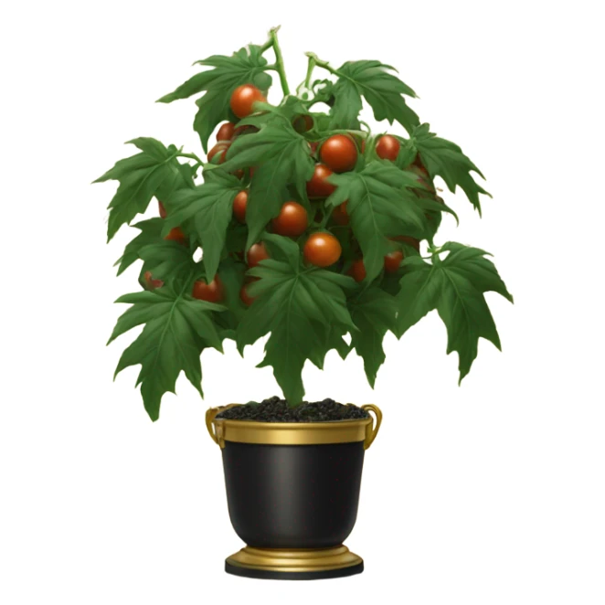 Large plant with only Black tomatoes on in a gold pot sticker