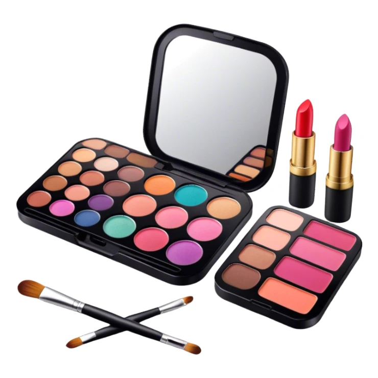 A photorealistic icon featuring makeup brushes, lipstick, eyeshadow palette, and a compact mirror with a completed makeup look. Bright, detailed design with realistic textures and lighting. Transparent background, clearly symbolizing makeup and beauty. sticker