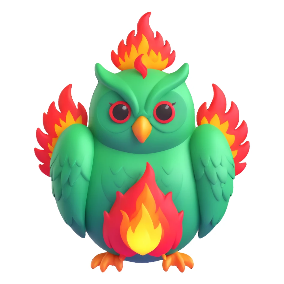 Duolingo green owl mascot with fire flames sticker