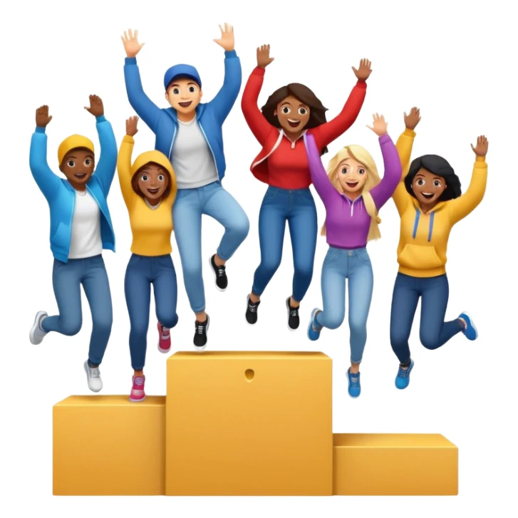 winners’ podium with multi-racial people, middle step higher, no numbers, fun colorful clothes like jeans t-shirts and hoodies, one person jumping, excited fun expressive emoji style sticker