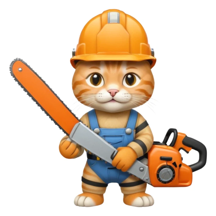 a cat in a construction helmet holds a chainsaw in his hands sticker