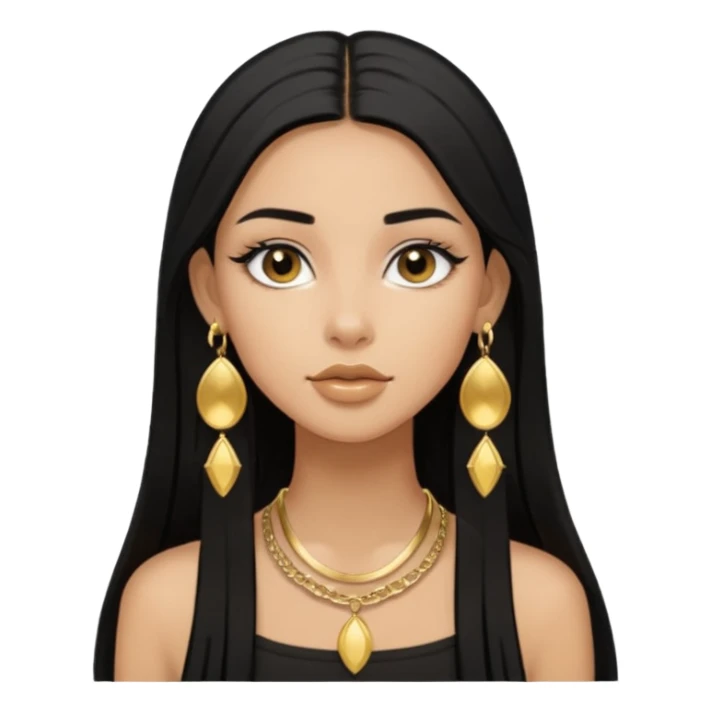 Pero que sea de una chica morena con pelo negro largo lacio. Que siempre utilize aretes dorados y axxesorios dorados y que sea AESTHETIC como pinterest sticker