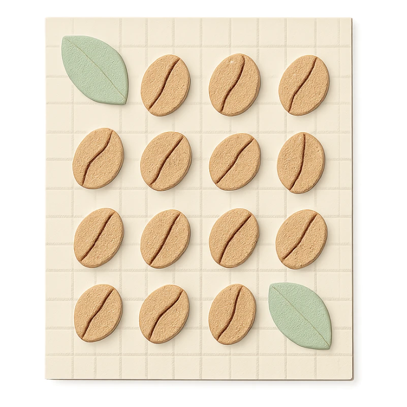 coffee bean pattern grid paper background with leaves, soft pastel style, transparent background sticker