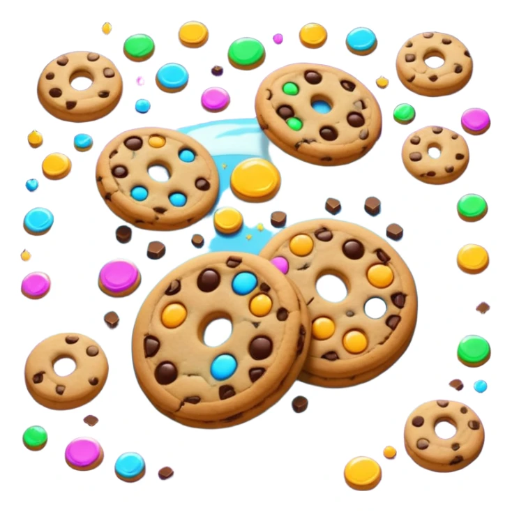Interdimensional cookie factory with swirling portal, cookies flying in from different worlds, glowing runes, magical cartoon style, emoji-style sticker