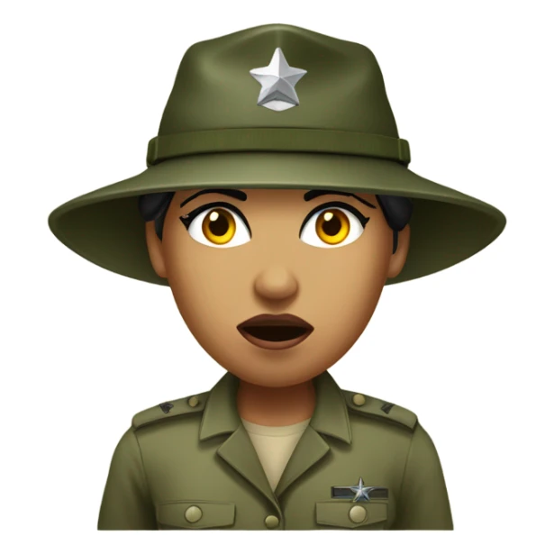 a female drill sergeant showing full torso wearing a classic sergeant hat and a camouflage army shirt. The character should have an angry intense expression.  sticker