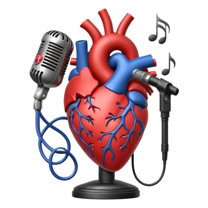 anatomical heart holding a vintage microphone, surrounded by music notes, romantic sticker