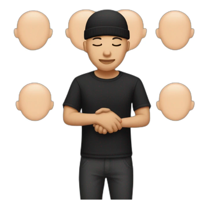 bald tech guy in in black shirt and black beanie holding hands together with closed eyes sticker