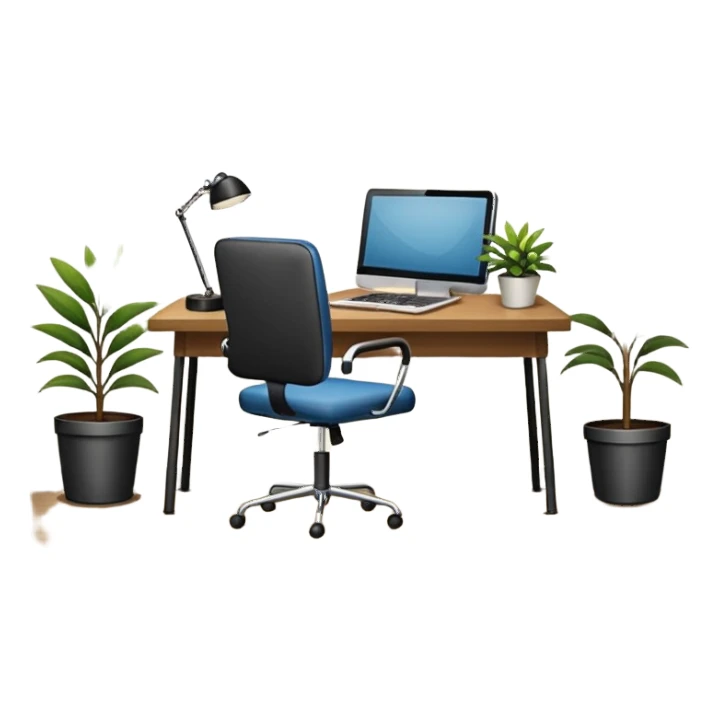 imagen de una oficina moderna con escritorio, silla, notebook, agenda y una planta con un cartel que diga en español ESTARÉ FUERA DE OFICINA sticker