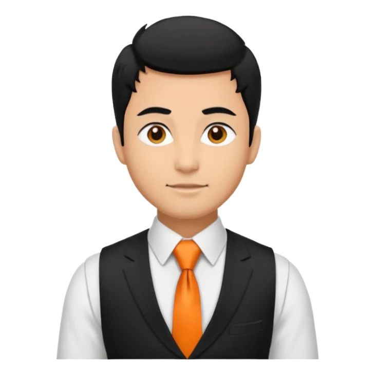 groom in white vest, orange tie, black hair sticker
