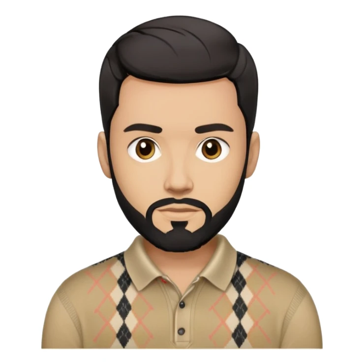 light skin man with black beard with black combover hairstyle  wearing a burberry sweater polo sticker