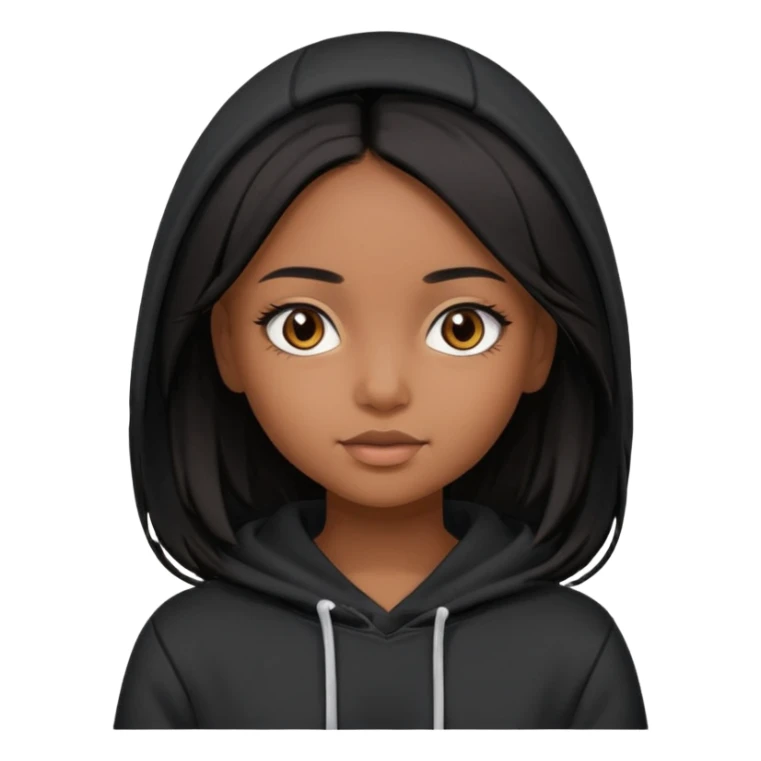  Brown skin girl , who has staight medium length black hair without bangs , brown eyes , and doll like makeup , in a black hoodie. sticker