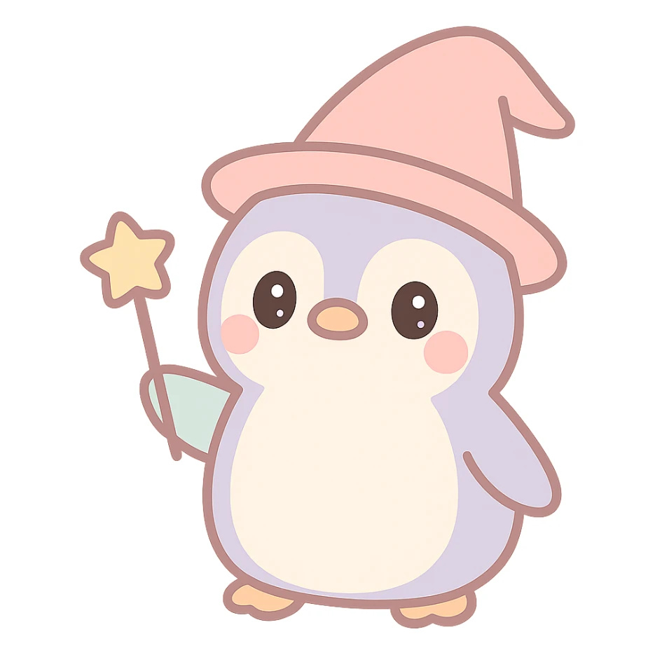 cute penguin wizard, soft colors, magical hat, holding a wand sticker