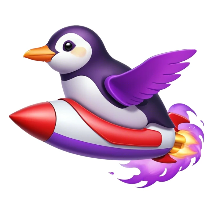 penguin flying in red rocket with purple fire sticker