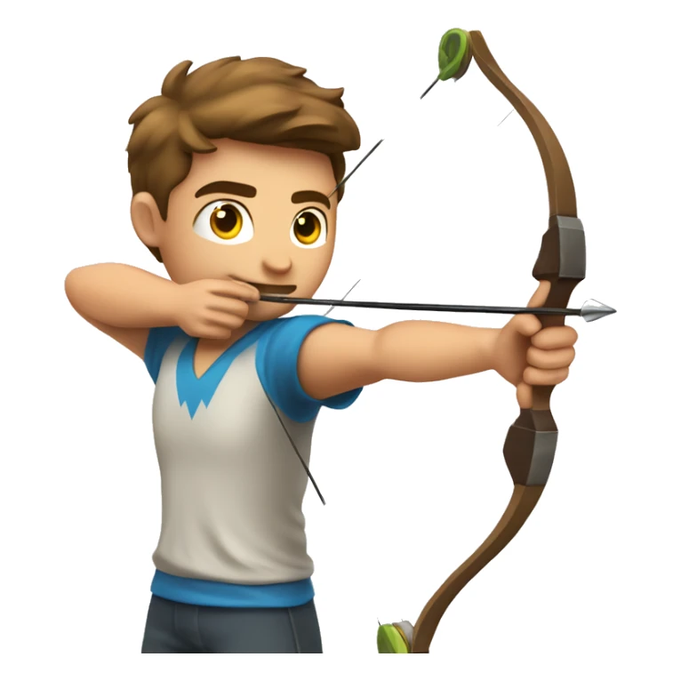 a male archer aiming with a bow looking at his target, wearing a tshirt, brown hair, bright skin, sticker