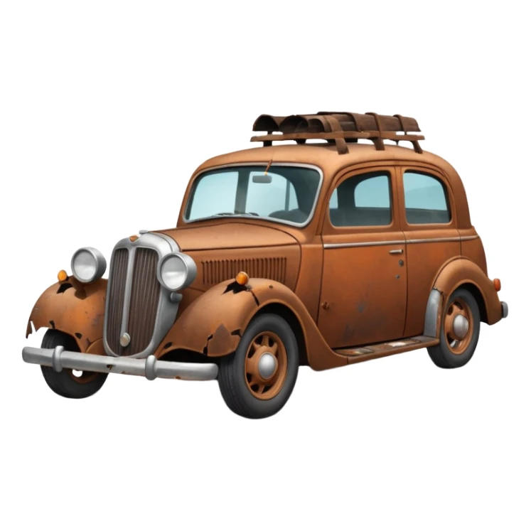 Side view of a broken-down old car with steam from the bonnet, shattered windows, rusted doors, a flat tire, dents, peeling paint, and a grimy, neglected look. sticker