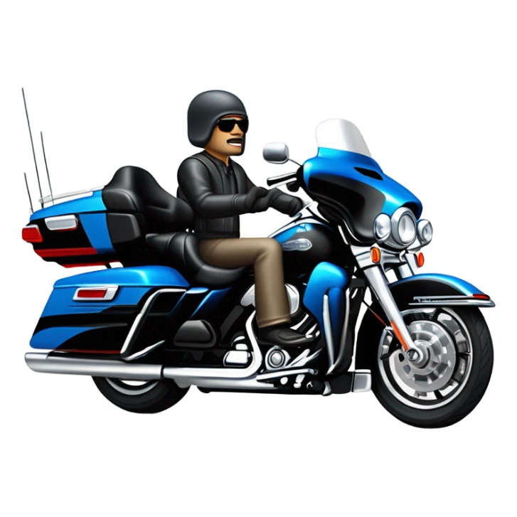 angled view of a harley davidson electra glide ultra classic with big blue pearl and vivid black two color paint scheme with midsize recurve windshield, a radio antenna, a citizen's band radio antenna and an older white man with a durag sitting on the front seat. sticker