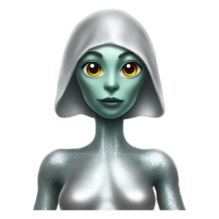 Alien reptilian woman, in silver dress, full figure, working sticker