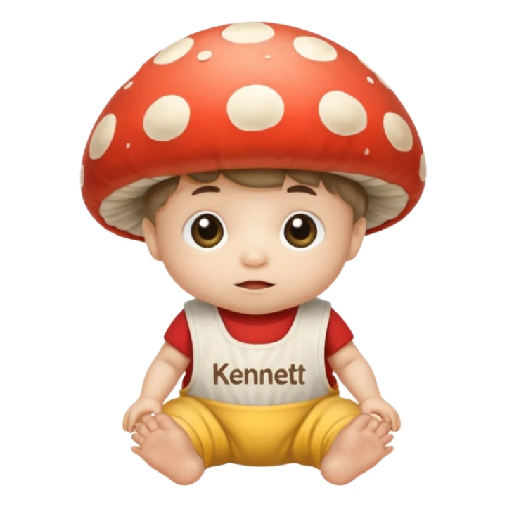 a human baby mushroom crawling with the work kennett on his bib sticker