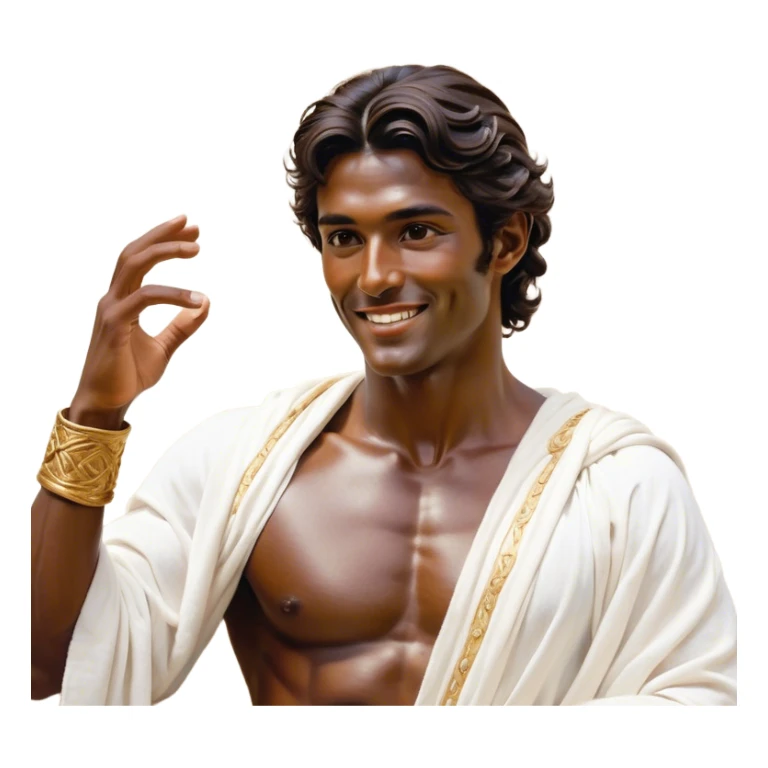 Cinematic Realistic Hercules Portrait, head tilted playfully and inquisitively, capturing the spirit of a timeless Greek hero with a warm, inviting smile. His bronze, marble-like skin and thick, wavy dark hair are rendered with classical precision, while his flowing white robe with delicate golden embellishments accentuates his muscular form. Soft natural light brings out the playful yet powerful essence of this legendary figure. sticker