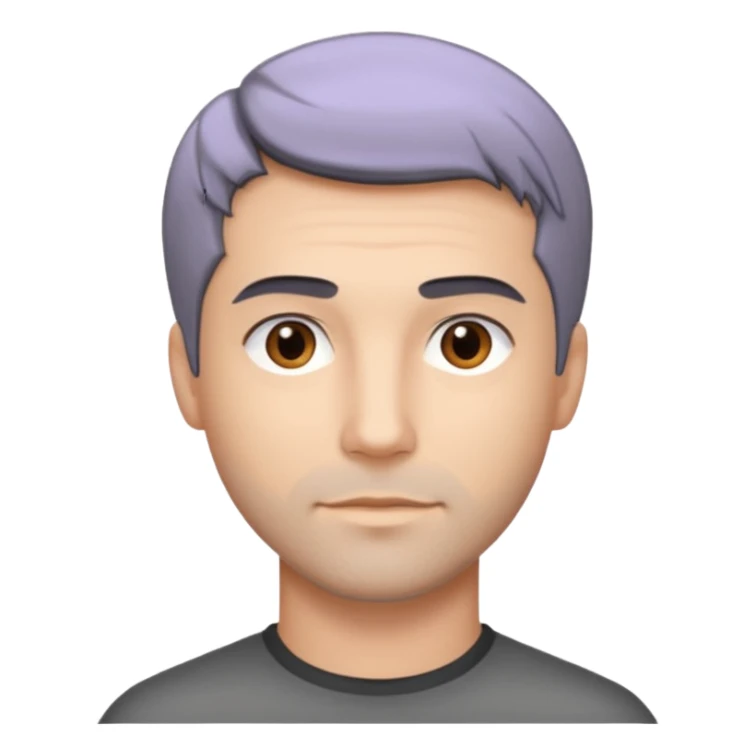 Description: dark gray straight hair combed forward, crop haircut, light stubble, brown eyes.
Image: barber sticker
