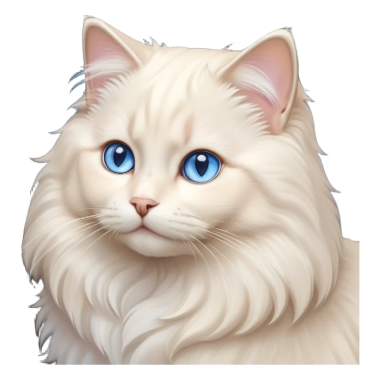 Cinematic Adorable Fluffy Cream Ragdoll Cat Portrait Emoji, Head tilted gracefully with soft, sparkling blue eyes, silky cream-colored fur with subtle darker points on the ears, face, and paws, Simplified yet noble features, highly detailed, glowing with a warm and gentle radiance, high shine, affectionate and poised, stylized with an air of elegance, bright and endearing, soft glowing outline, capturing the essence of a majestic and loving kitty, so dignified it feels like it could spring into action at any moment with grace! sticker