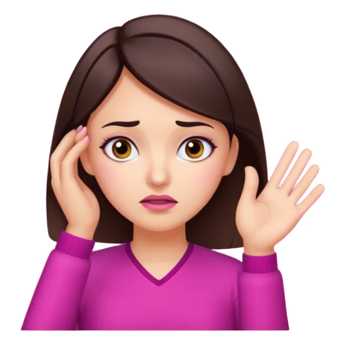 Social media manager. She has dark brown hair, brown eyes, , confused expression, raised eyebrows, questioning face, one hand on the head as if not understanding analytics.. Use vibrant colors with a focus on pink and fuchsia tone sticker