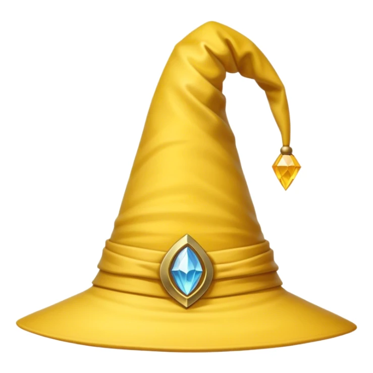 A yellow wizard hat with a classic pointed shape, slightly curved at the tip. The hat has a soft fabric texture with subtle folds, and a wide brim. The design is cartoon-style, with smooth shading, simple details, and a playful, magical look. sticker