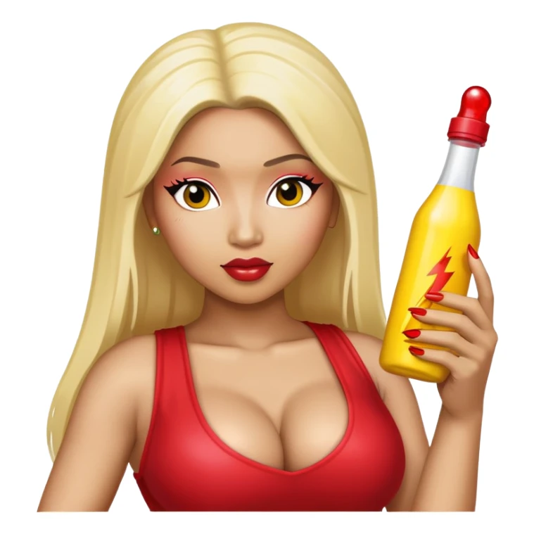 Nicki Minaj with a bottle yellow and a red flash on the bottle  sticker