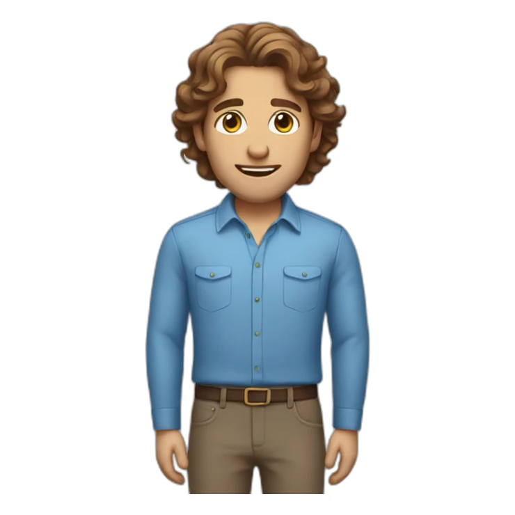 Man with brown wavy hair and blue shirt sticker