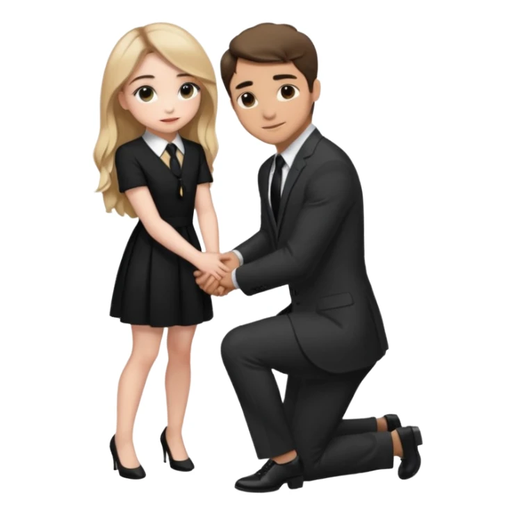  Sabrina carpenter kneeling down wearing a black dress with a tie, putting her hand on man’s leg who is standing  sticker