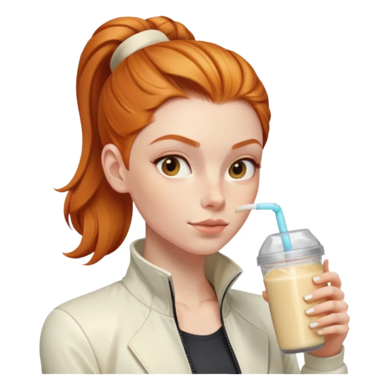 Ginger girl with cream jacket drinking pre workout shake middle part slick back bun sticker
