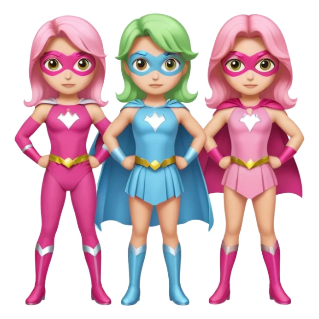 three superhero girls standing together - one in light blue costume, one in pink costume, and one in light green costume sticker