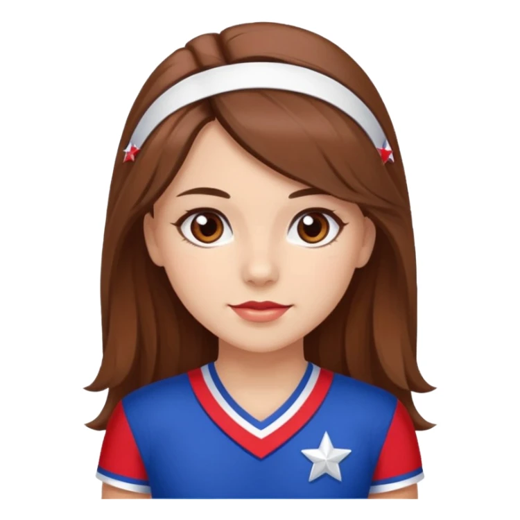 cheerleader in red-blue and white uniform with star like captain america, has brown eyes and brown long hair sticker