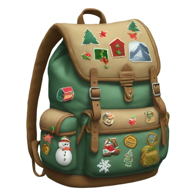 backpack for adventure with vintage christmas patches sewn on it sticker