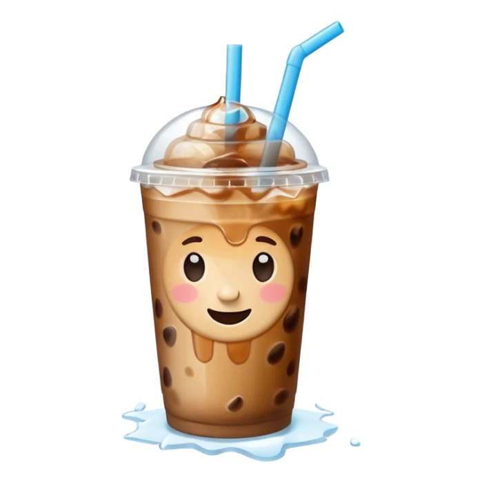 A 3D cartoon plastic cup of iced coffee with straw, clear lid, ice cubes floating, realistic condensation, bright sunlight, Memoji-style. sticker