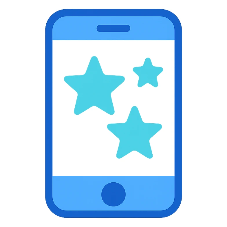 Smartphone icon with three stars inside the screen, flat emoji style, outline with blue and turquoise colors, white background sticker
