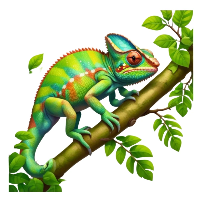 Giant Chameleon blending into natural surroundings, perched on a branch. Its vibrant colors shift with the environment. Lush greenery, branches, and soft sunlight create a peaceful, nature-filled background. Transparent background, showcasing the chameleon's colorful, textured skin. sticker
