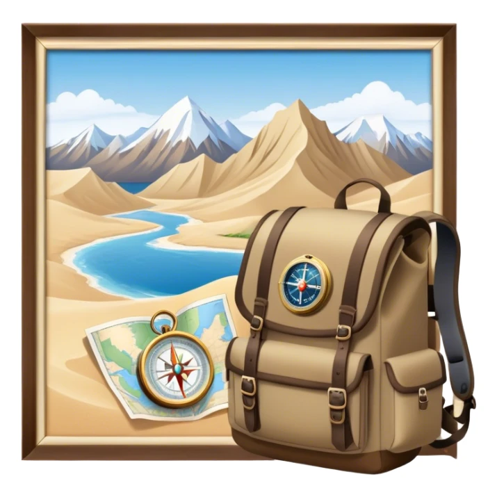 Icon for Expeditions: a compass, a map, a backpack with trekking gear, and a rugged expedition jeep, set against a backdrop of snowy mountains, sand dunes, and tropical islands. The icon should capture the spirit of adventure and exploration in diverse landscapes. Transparent background. sticker