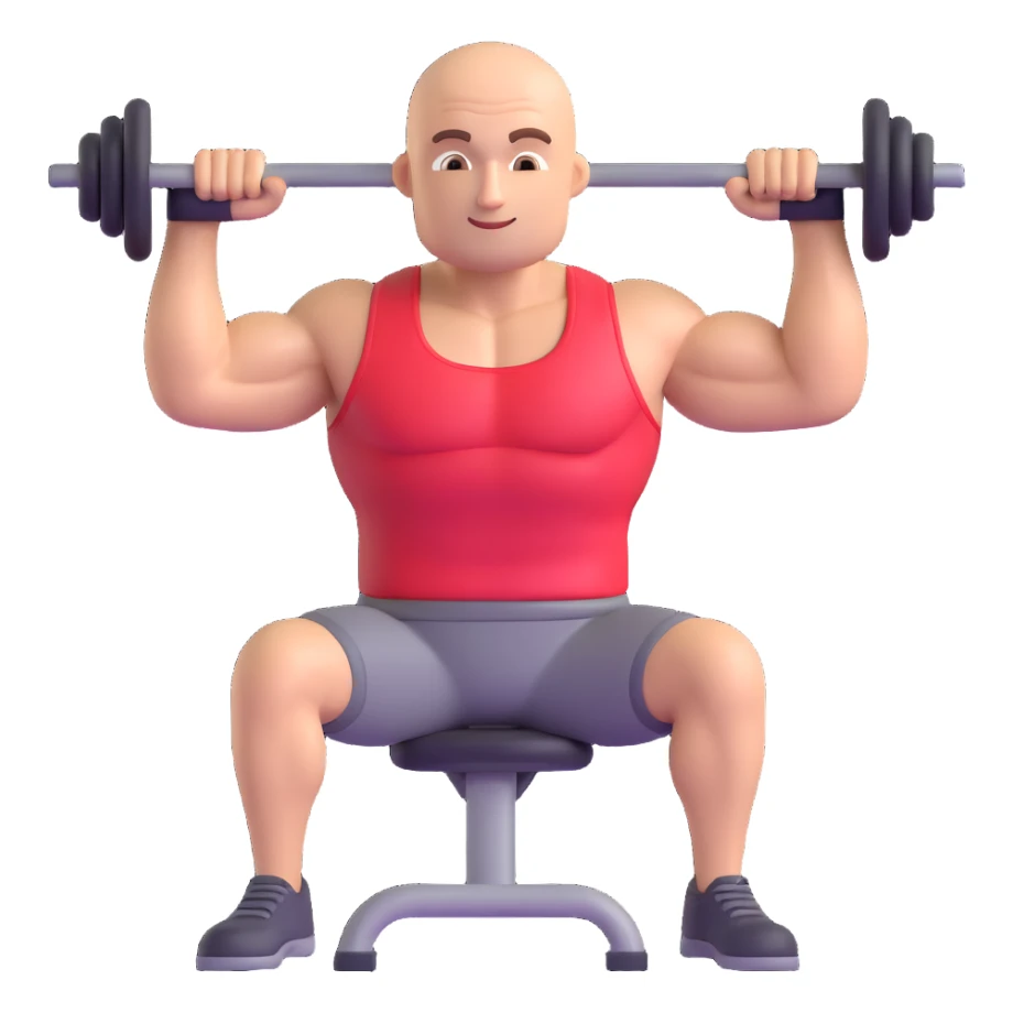 bald man flexing muscles with gym equipment, 3D emoji style sticker