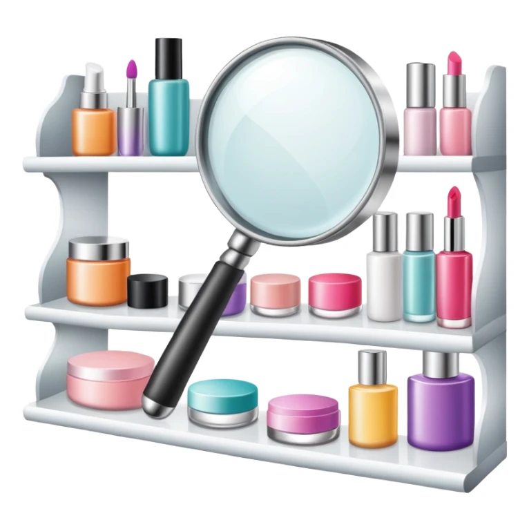 magnifying glass over beauty product shelf, searching for last item sticker