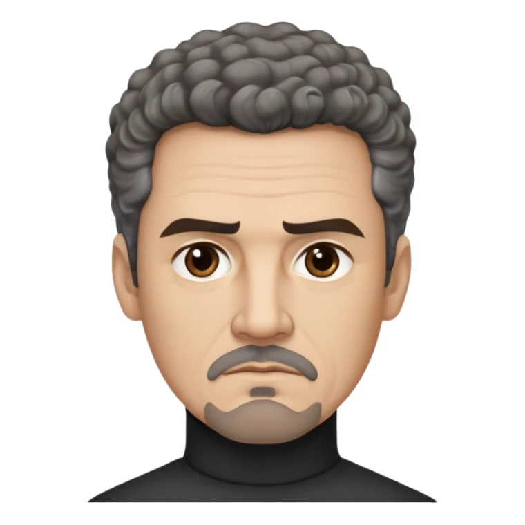 Man in his 50s with light brown complexion. Strong square jaw. Stern dark eyes with intense gaze. Thick eyebrows in a focused expression. Black goatee with gray streaks. Short curly dark hair with receding hairline. No smile, authoritative look. Wearing a black turtleneck. sticker