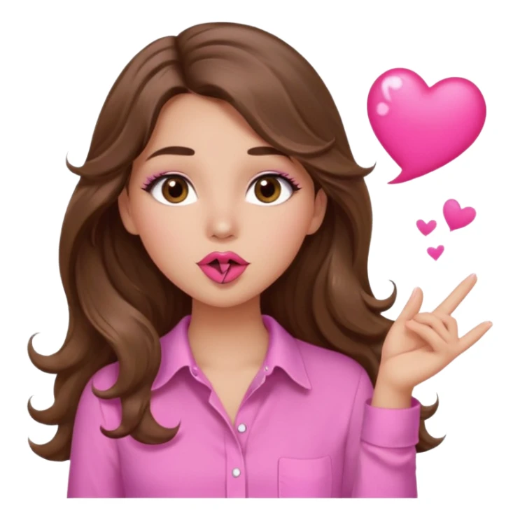 girl with long wavy brown hair, brown eyes, light to medium complexion, in a pink shirt, pink lips, long lashes, blowing a kiss sticker