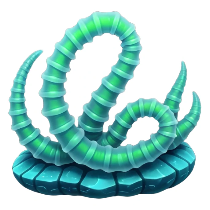 3D render of Crystal Cave Worms, bioluminescent deep sea style, glowing neon blue and green lights, dark background to contrast the glow, translucent organic textures. sticker