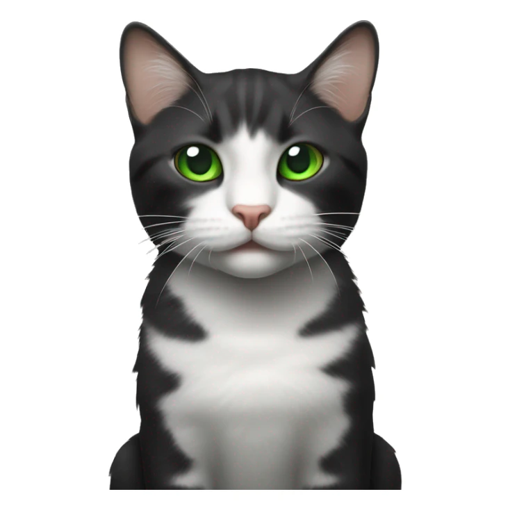 Cat with black fur all over but a white stripe down his nose, green eyes, cuts in his ears, and a white chest v shape. Thee should be a small patch of white under the noise, above the lip sticker